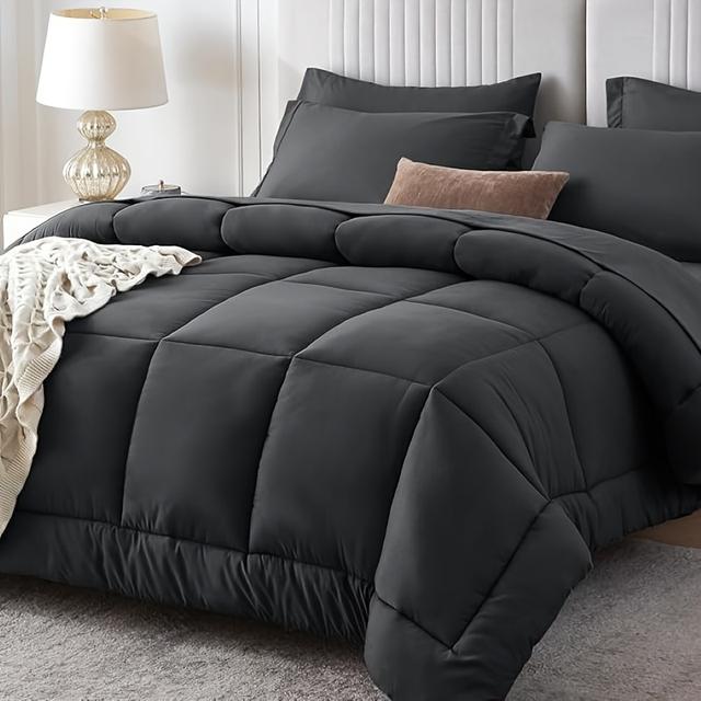 TEMU Queen Comforter Set, Black 7pcs Bed In A Bag Queen, Complete Bedding Set Includes Comforter, Flat Sheet, Fitted Sheet, Pillowcases And Pillow Shams