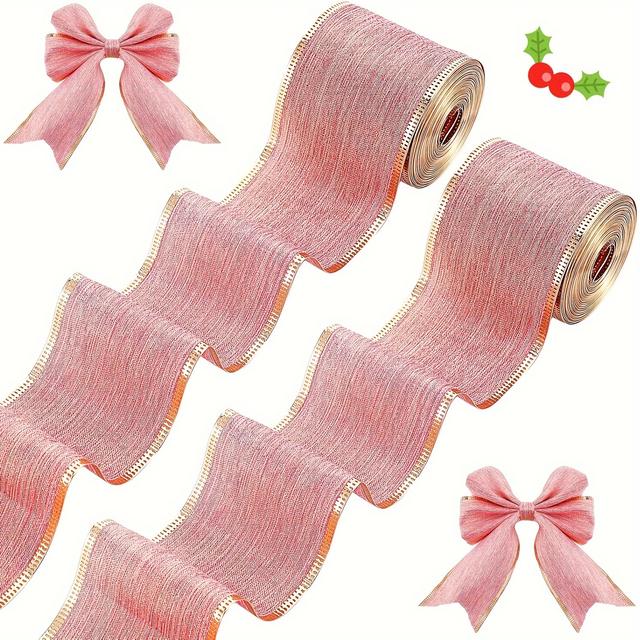 TEMU 2pcs Cinta Navideña con Borde Rosa - Cada Una, Lino con Alambre para Decoración de Árbol, Envoltura de Regalos y Manualidades de Boda, 2.5" de Ancho