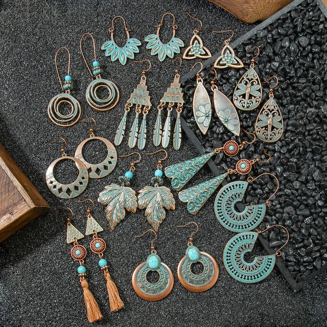 TEMU 12 de Pendientes Colgantes en Antiguo con Pátina Verde, Adornos para Orejas de Hombre, Conjuntos de Combinación de Estilos Múltiples