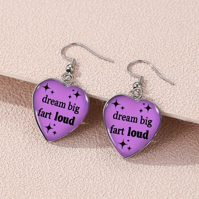 TEMU 1 Pair Of Fart Loud Funny Heart-shaped Earrings - Purple Alloy Dangle Earrings With , Perfect Gift For Him Or Her, Quirky Earrings