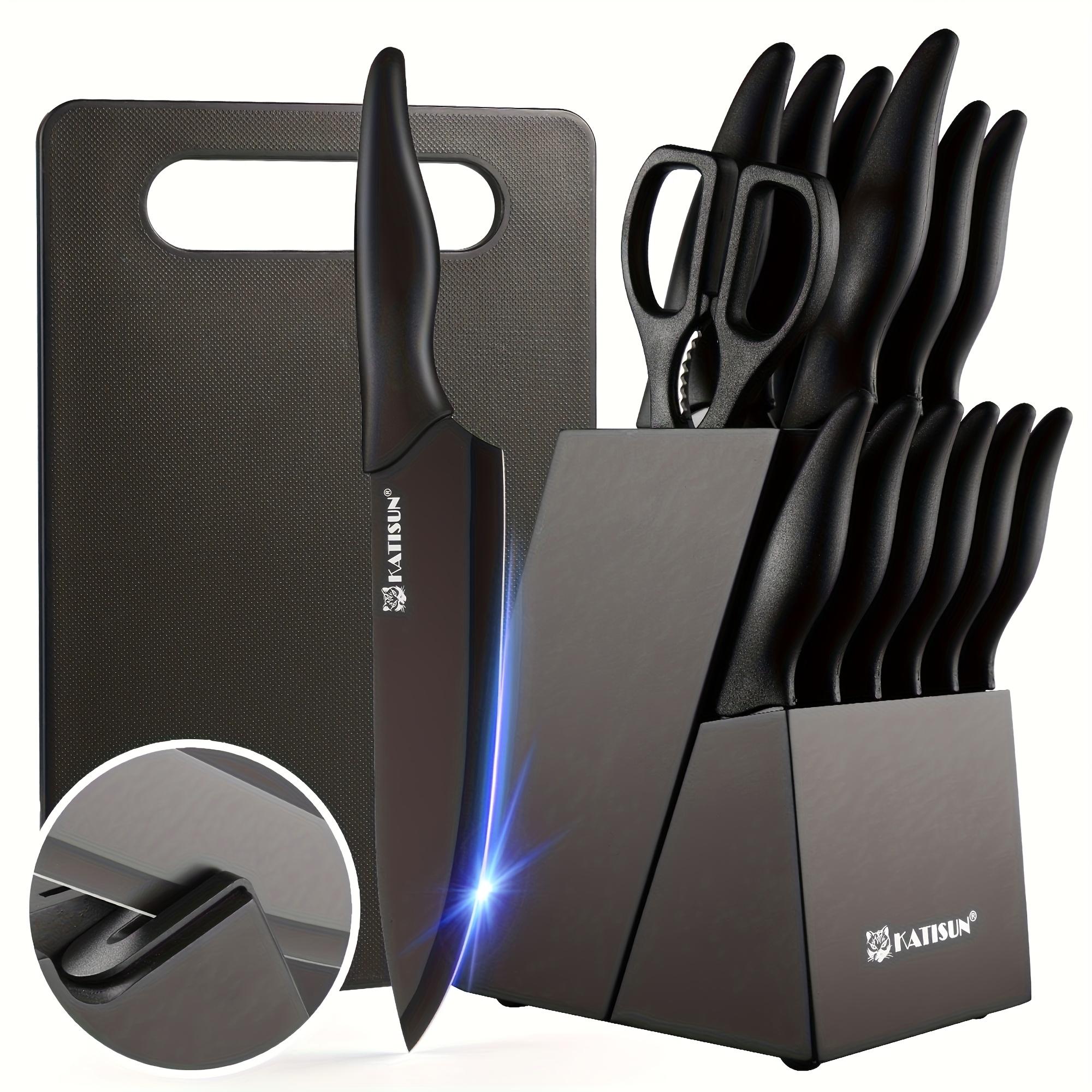 TEMU /16pcs Knife Collection Featuring A Black Wooden Storage Block, Ergonomic Grips, An Optional Plastic Cutting Board, And Kitchen Scissors. It Includes Black Wooden Block