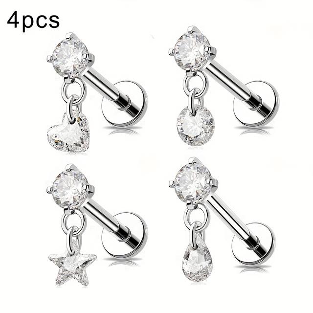 TEMU 4 Different Shapes 16g Female Spiral Stud Earrings Set 316l Stainless Steel 316l Flat Back Earrings 6/8mm Cartilage Earrings Draped Clear Cz Spiral Piercing Spiral Earrings