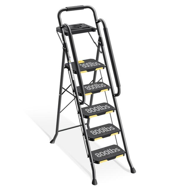 TEMU Kingrack Heavy-duty 5-step Folding Ladder With Handrails & Tool Platform, 800 Lbs Capacity, Black Steel Construction For Home, Outdoor & Garage Use, Folding Ladders For Home