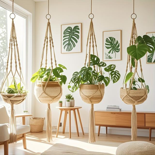TEMU Colgadores de Planta Macramé para Interior Cesta Colgante Portamacetas Decorativa de para Decoración del Hogar en Interiores y Exteriores, Marrón
