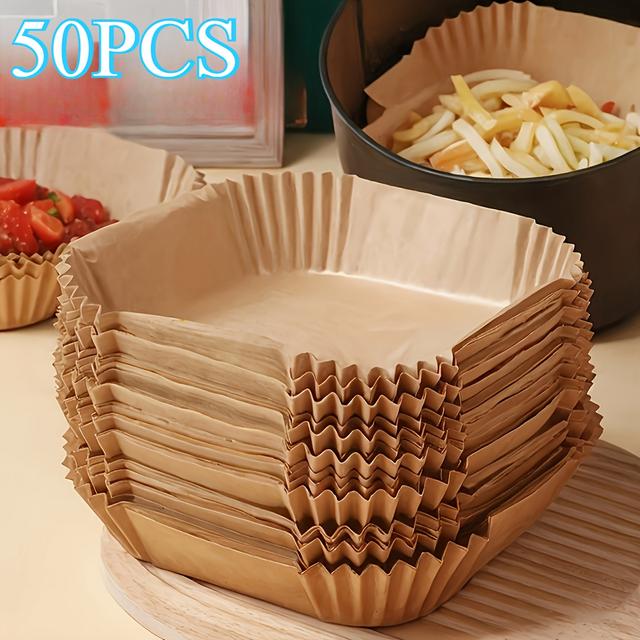 TEMU Paquete de 100/50 Forros para Freidora de Aire - Universal para Horno y Microondas, Papel Antiadherente Sin Recubrimiento, Resistente al Calor para Uso Doméstico y Comercial