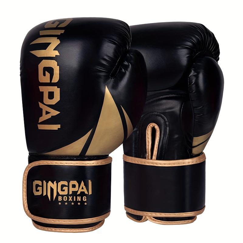 TEMU Guantes de boxeo negros y dorados, ideales para entrenar, disponibles en tamaños que van desde 6 a 12 onzas