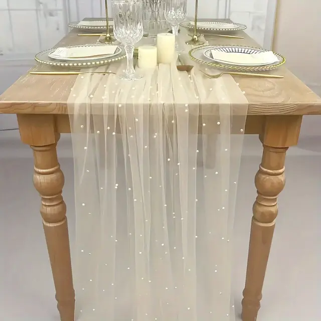 TEMU 1pc Camino de Mesa de Tul Transparente con Cuentas de Perla, Tela de Poliéster, para Decoración de Mesas de Bodas, Fondos de Escenario, Lazos para Sillas