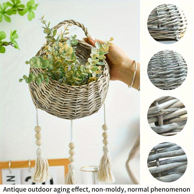 TEMU 1 Set Rustic Rattan Wall Hanging Planter Basket, Artificial Eucalyptus Leaf Potted Plant, Indoor Outdoor Home Garden Decor, No Electricity Needed