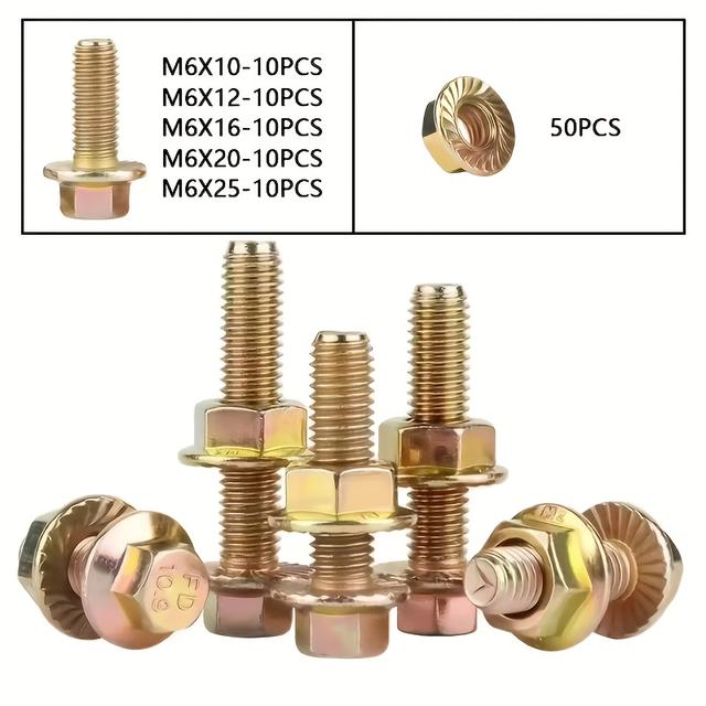 TEMU 100개 혼합 M6 키트 - 등급 8.8 합금강 육각 나사, DIY 프로젝트 및 산업용 헤비듀티 볼트와 너트, 플랜지 나사 세트, 미끄럼 방지 볼트