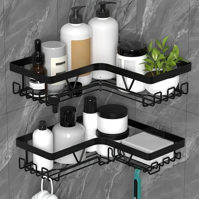 TEMU 2 Iron Bathroom Corner Shower Racks, No Drilling Required, , Suitable For Internal Shower Storage, Home Decoration, Kitchen Adhesive Shower Storage Rack, Bathroom Accessories, Black