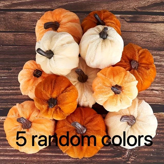 TEMU 5pcs Velvet Pumpkin Halloween Decor Set - Elegant Blend Of Orange, Brown & Champagne | Autumn And Thanksgiving Seasonal ,christmas
