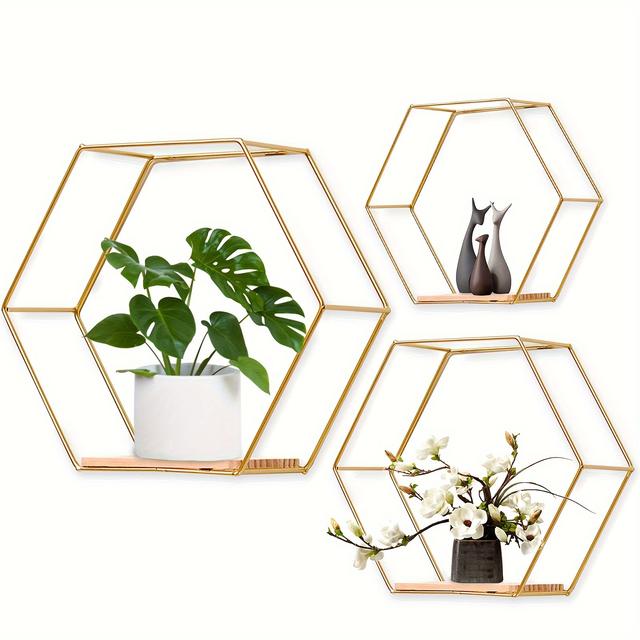 TEMU 3pcs Wall Mounted Hexagonal Floating Shelves, Modern Metal Wall Shelf, Simple Wood Partition Storage Shelves, Wall Decor Rack For Bedroom, Living Room, Kitchen And Office, Decor