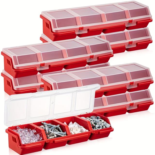 TEMU 6 Pack Screw Organizer Box With Lids 4 Compartments Tool Bin Divider Small Parts Storage Organizer Sorting Screw Toolbox Case For Garage Craft Hardware Workbench Storage (red)