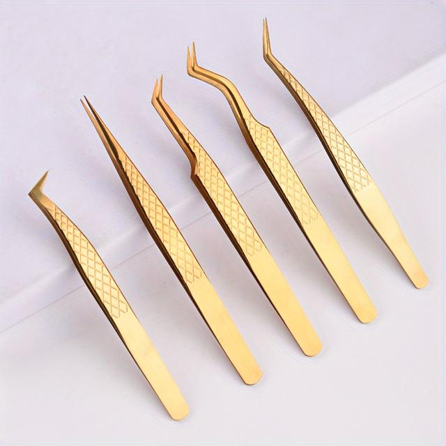 TEMU 5pcs Professional Eyelash Extension Kit - High-precision Stainless Steel False Lash Grafting Tool Set With Eyelash Clips & Tweezers For Lash Technician Training, Diy At / (beginner-friendly)