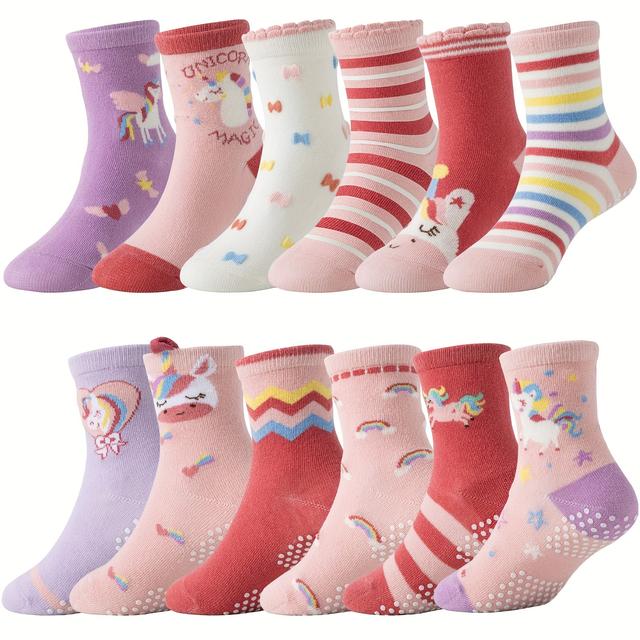 TEMU 12 Paar rutschfeste Einhorn-Socken mit Streifen für Babymädchen und Kleinkinder, als Geschenk