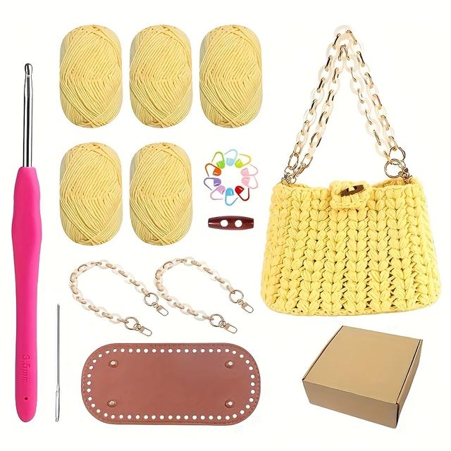 TEMU 1pc Beginner Crochet Tote Bag Kit - Pink Yarn, Hook, Chain Strap, Video Tutorials, Crafting Set, Gift, Crafting Kit|easysew Crafts|durable Crafting, Crochet Supplies