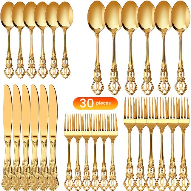 TEMU 30pcs Dinnerware Set Made Of Golden Stainless Steel, Featuring A Vintage Design. Rust-resistant And Safe For Dishwashers, Including 6 Sets Of Forks, Spoons