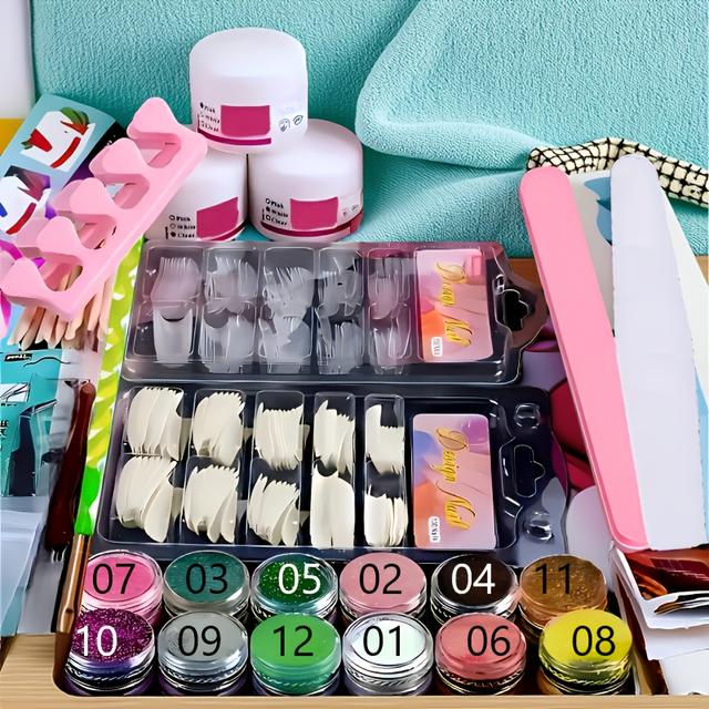 TEMU -in-1 Acrylic Nail Kit Suitable For Beginners, Featuring 12 Colors Of Sparkling Acrylic Powder In Pink, White, And Clear, Designed For Professional Nail Extensions And As A Gift For Women