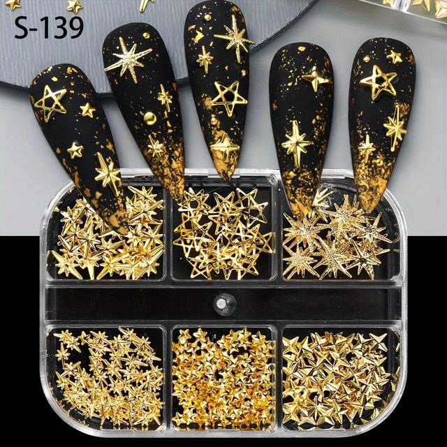 TEMU 6 Tachuelas de Metal con Estrellas, Decoración de Uñas 3D, Dorados Estrella, Joyería para Uñas, Accesorios de Manicura Metálicos de Aleación