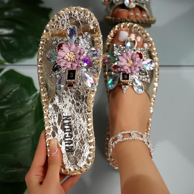 TEMU Handcrafted Flower Rhinestone Flip-flops, Women Shoes