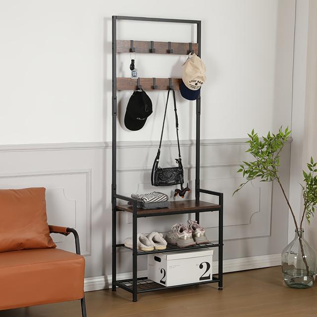 TEMU Home Entry Hallway Rustic Coat Rack Freestanding Shoes Shelf With 8 Hooks Storage Shelves