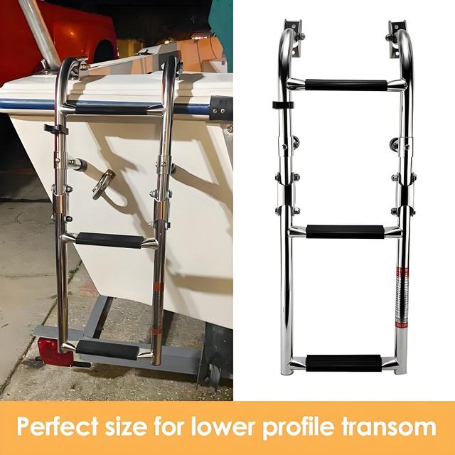 TEMU Marine-grade Stainless Steel Boat Ladder, Collapsible Design With Polished End, Includes 2 + 1 Steps, Rubber Grips, And Mounting Screws