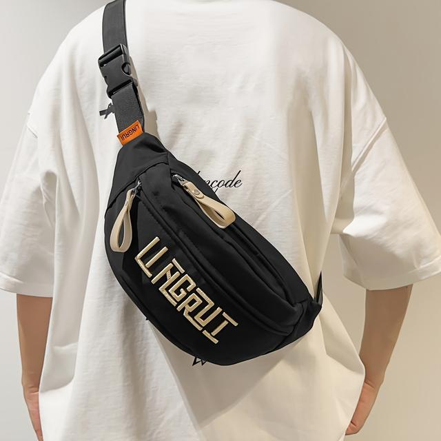 TEMU Elegant svart nylon axelväska med "LIFE OUTPUT"-tryck – Justerbar dragkedja, lättviktsdesign för pendling, sport och | Flerfacksaxelväska