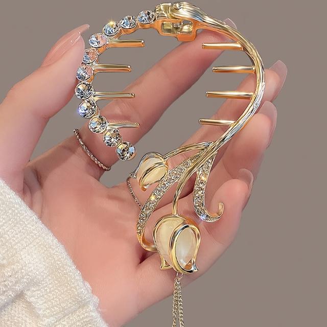 TEMU New Stylish Tulip-shaped Hairpin With Rhinestones And Tassels For Women, Exuding A Sense Of And , Perfect For Ponytails And Unique Hairstyles