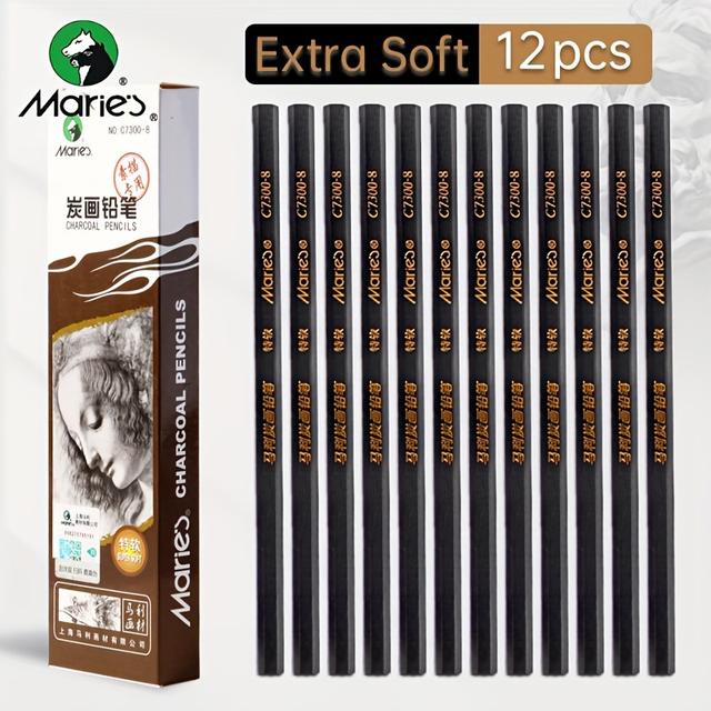 TEMU 12pcs Marie's Charcoal Pencils - / Soft / Medium- Art Graphite Pencils Set For Drawing, Sketching, Shading, Supplies For Artists & Professionals!