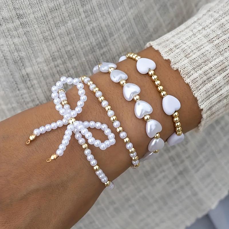 TEMU 4pcs Bohemian Latin Ballet Bow Love Ccb Beaded Stacked Bracelet Set For Women's Jewelry Gift For Daily And Vacation Wear
