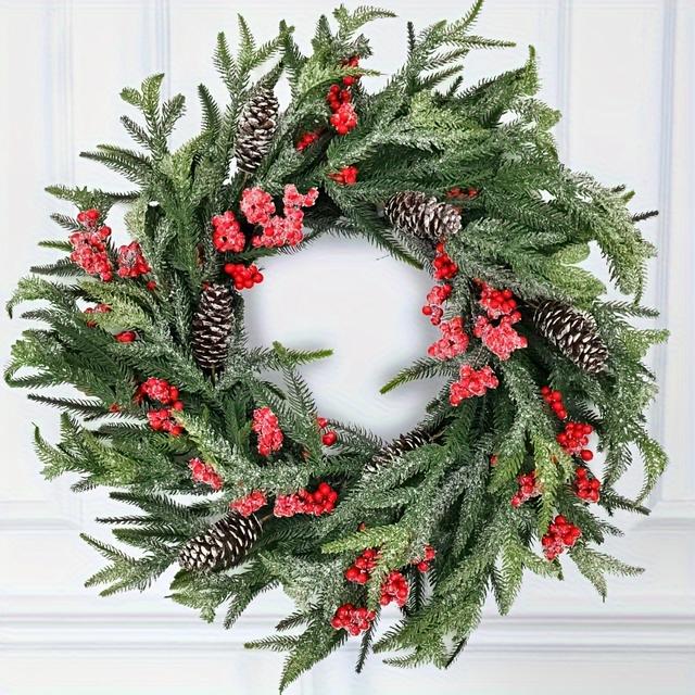 TEMU 24-inch Christmas Wreath With Artificial Greenery, Red Berries, And Pinecones - Metal Door Mount Wreath For Indoor And Outdoor Winter Decor, Christmas, New Year, And