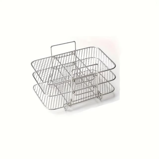 TEMU 3-tier Stainless Steel Air Fryer Rack - Portable, Foldable Rectangular Bbq Grill & Steamer With Cooling Oil Drainage - Essential Kitchen Accessory, Korean-style, Bbq Grill Net, Kitchen Supplies