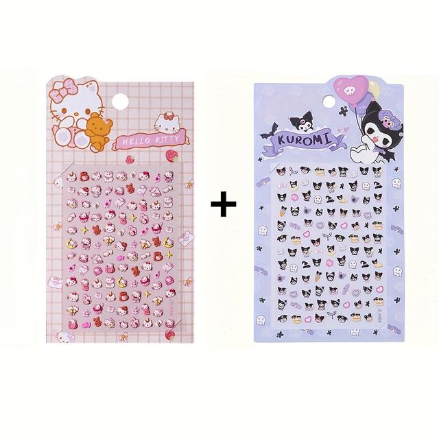 TEMU 2pcs Nail Art Stickers 5d Embossed Kuromi Cinnamoroll & Hellokitty Designs Nail Decals Kawaii Cartoon Self-adhesive Decals For Diy Decoration