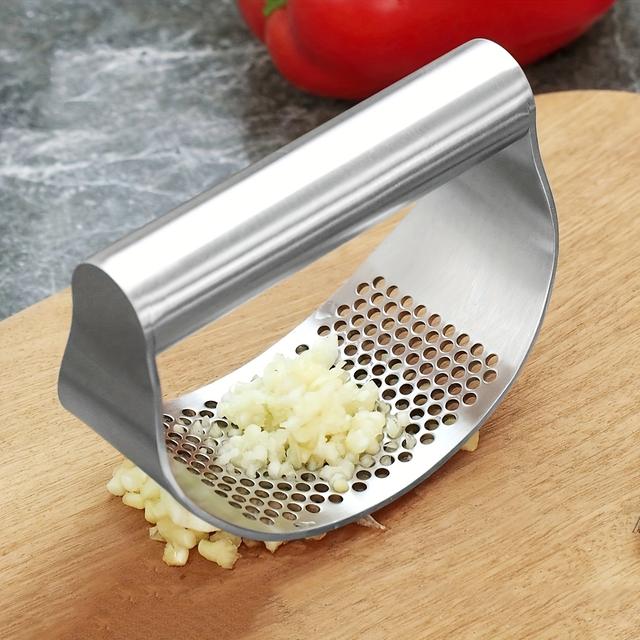 TEMU 1pc Stainless Steel Garlic Press - Easy-clean, Portable Garlic Crusher With Perforated Design For Minced Garlic, Cooking And Baking, Kitchen Gadget, Garlic Crusher