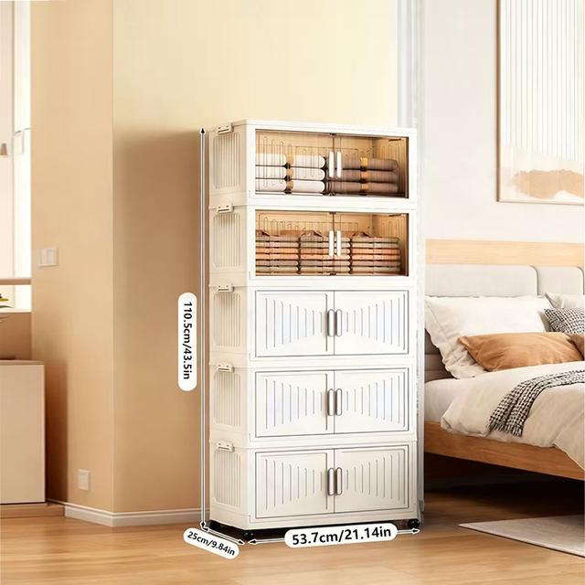 TEMU 헤비듀티 접이식 수납 캐비닛 - 대용량 정리함, 스택 가능 공간 절약 디자인, 부드러운 롤러, 옷장/차고/사무실/침실용, 베이지/화이트 플라스틱 제작, 슬래티드 클래식 디자인, 다목적 수납함, 침대 밑 수납