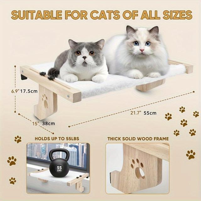 TEMU Adjustable Wooden Cat Hammock - Indoor Window Perch, Wall-mounted Cat Bed Seat, Fits Over Windowsill, Bed, Drawer, Cabinet, Natural Wood Construction
