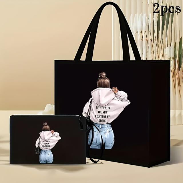 TEMU 2pcs Women's Tote Bag Set, Fashionable Patterned Large Capacity Shopping Bags With Pockets Lining And Coin Purse, Magnetic Closure, Foldable Design For Daily Use