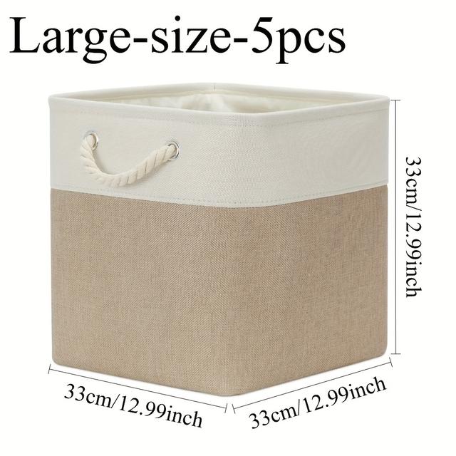 TEMU 5pcs Foldable Fabric Baskets With Rope Handles - Stackable Organizers Suitable For Clothes,, Books, - Space-saving Foldable Design For Wardrobe, Shelf, Home Organization, Shelf Baskets