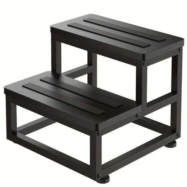 TEMU 2 Step Heavy Duty Wooden Step Stool For Adults With Non-slip Surface And Protective Strip, 500 Lbs Capacity For Bedroom, Kitchen, Pantry, Bathroom, Outdoor Use, Easy Assembly, Black/rustic Brown