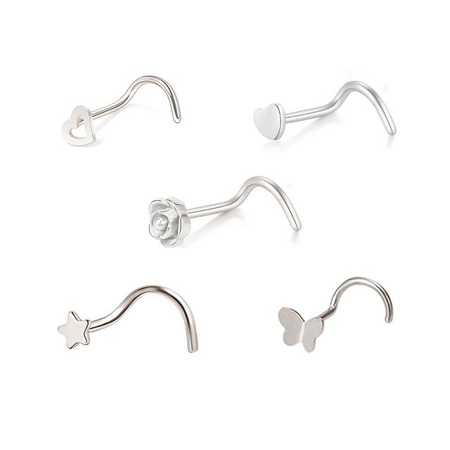 TEMU 5pcs Senlansp Elegant Stainless Steel Nose Studs Set, 20 G Anti-allergy Screw Bone Nose Rings, Cz Star Heart Nose Piercing Jewelry For Women And Men, Suitable For , Daily & Party Wear,
