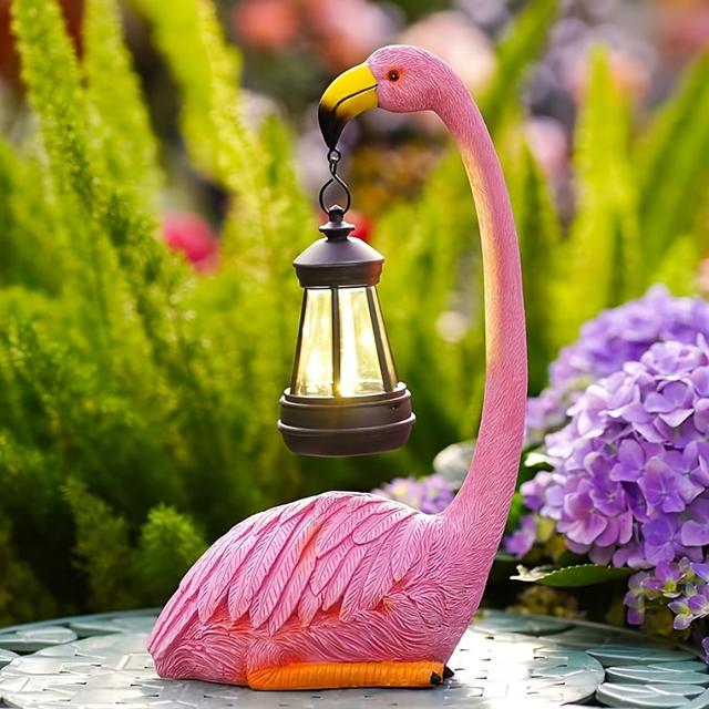 TEMU Pink Flamingo Garden Statue With Solar Lantern - Resin Lawn Ornament For Patio, Balcony & Front Yard Decor - Perfect Gift For Grandma/mom