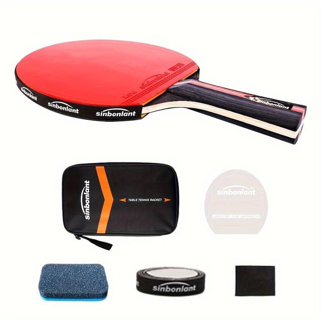 TEMU Sinbonlant -Stjärnigt Bordtennisspad med Rakt Grepp, Kort/Långt Handtag, Kolfiberblad & Klibbigt Gummi - Inkluderar Hållbart Fodral för Ping Pongträning