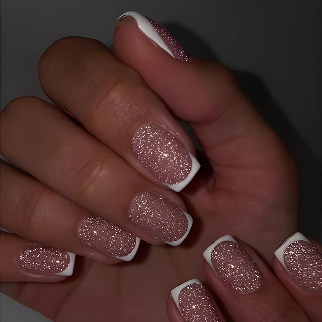 TEMU 24 Pcs Glossy Medium Square Press On Nails Pink And White French Tip False Nails Glitter Artifical Reusable Fake Nails For Women