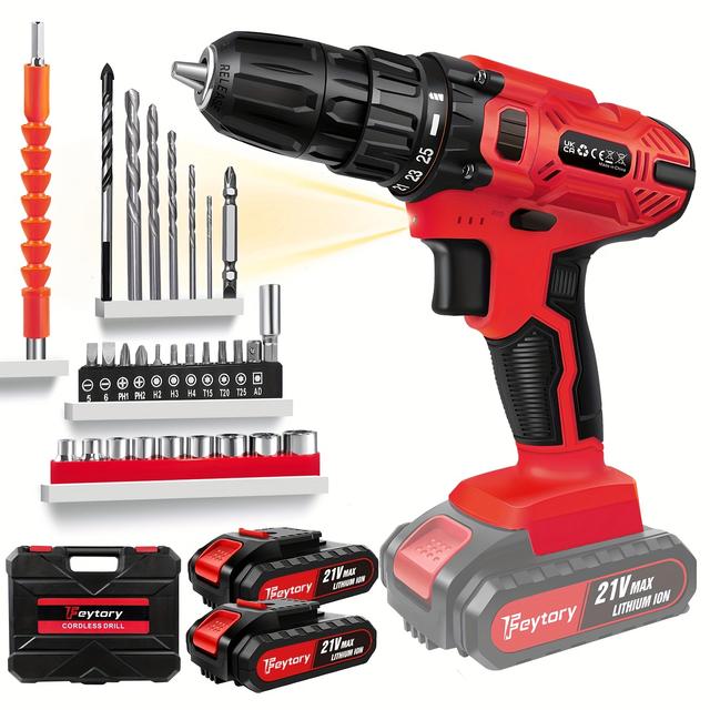 TEMU 21v Cordless Drill Driver, 29 Drill Bits, 2 Batteries Of 1500mah, 25+1 Torque Settings, Torque Of 45n.m, 2 Speed , Led Light For (red)