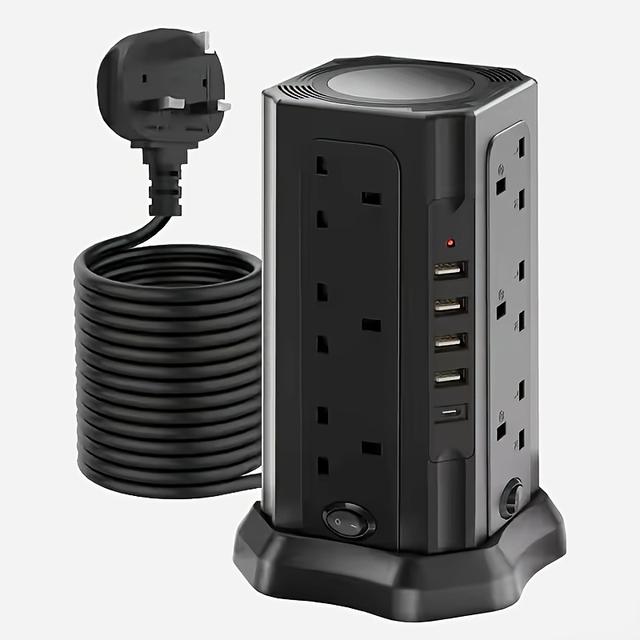 TEMU مقبس ذكي عمودي عبر الحدود مع Type-C، مقبس بريطاني بـ 12 فتحة، شريط طاقة متعدد الوظائف بثلاث طبقات مع 4 منافذ USB و 1 Type-C