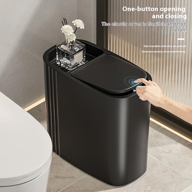 TEMU Large Capacity Sleek Black Bathroom Trash Can With Lid - Press-to-open, Odor-sealing, Oval Plastic Wastebasket For Kitchen & Bathroom, For Narrow Spaces, | | Polished Finish, Bathroom Trash Ca
