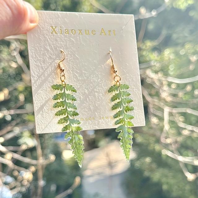 TEMU Real Natural Plant Green Leaf Earrings, Hand-pressed Plant Leaf Earrings, Resin Earrings, Women's Handmade Jewelry, Birthday Gifts For Her