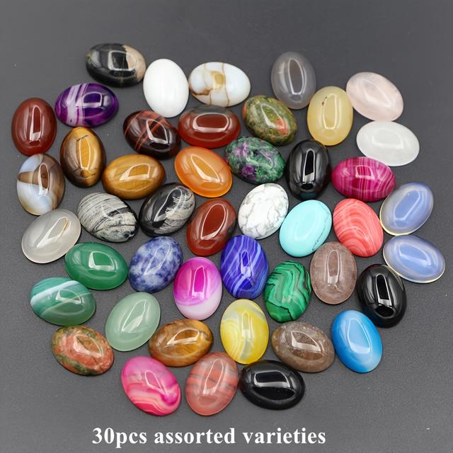 TEMU 30pcs Vibrant Oval Natural Stone - Assorted Colors - Polished Finish For Jewelry & Home Decor