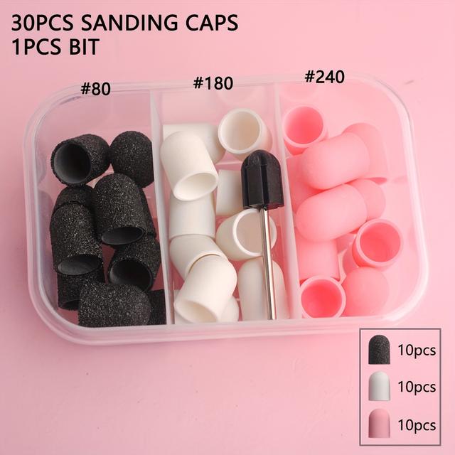 TEMU 30pcs Professional Nail Drill Sanding Caps Sets With 1pc Shaft - Perfect For Acrylic Gel Removal, Manicure & Pedicure Polishing, #80/#180/#240