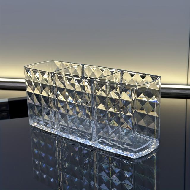 TEMU 1pc Makeup Brush Holder - 3-compartment Cosmetic Organizer, Countertop Standing Display Case, Lightweight Plastic, No Power Needed, Independent Stylish Storage Solution